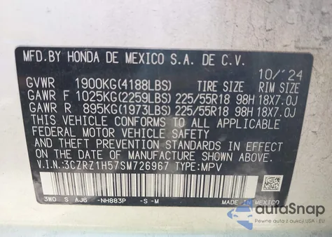 2025 Honda Hr-V 2Wd Sport из США, поврежденный, VIN 3CZRZ1H57SM726967